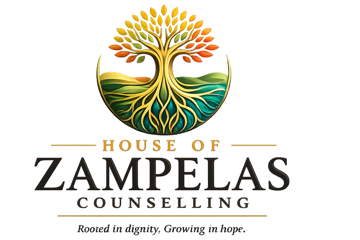 Logo for House of Zampelas Counseling featuring a stylized tree with colorful leaves and roots, with the slogan 'Rooted in dignity, Growing in hope'.