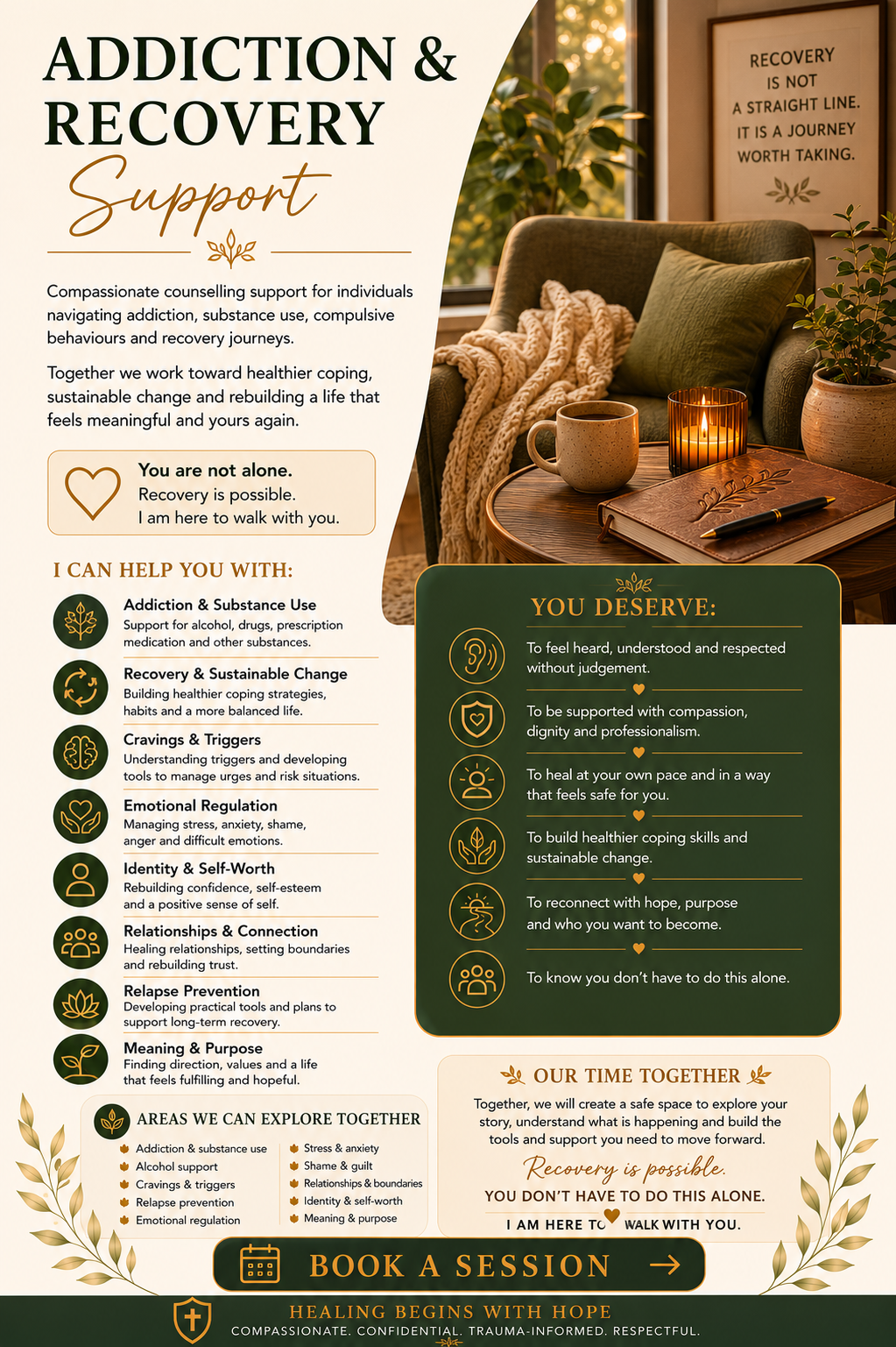 A flyer promoting addiction and recovery support services. It highlights compassionate counselling, building healthier coping strategies, and the importance of hope and connection. The flyer features a cozy background with a sofa, a potted plant, a candle, a mug, a journal, and a pen.