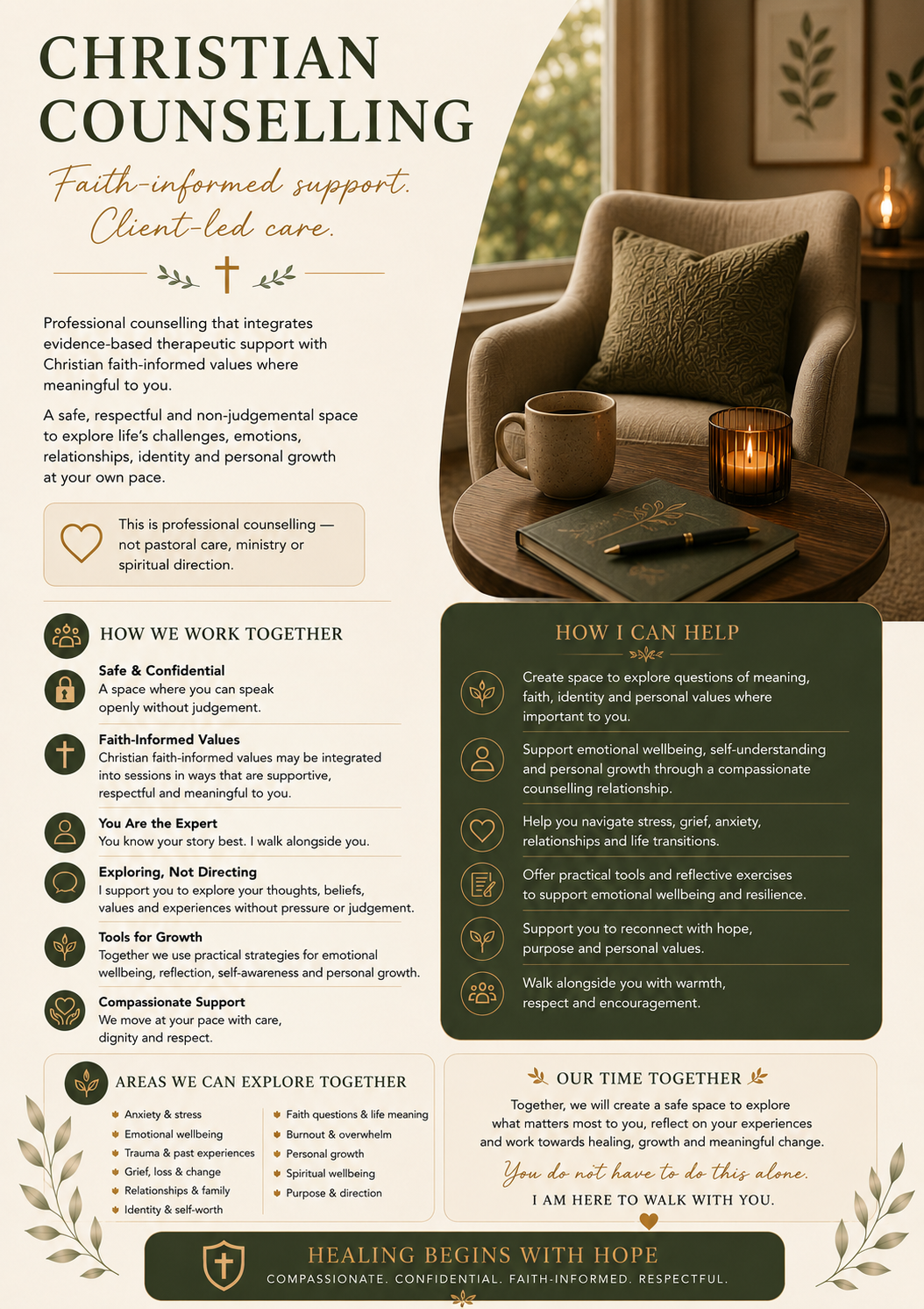 A flyer for Christian counseling services featuring a cozy office with a beige armchair, a window, and a small table with a candle, a mug, a notebook, and a pen.