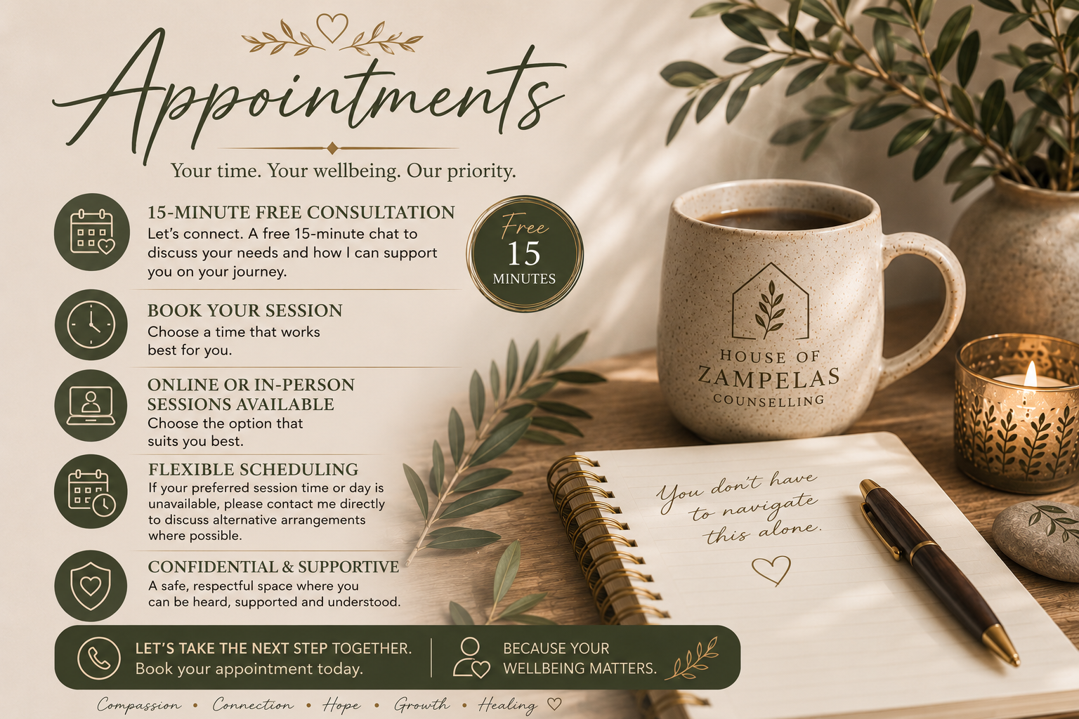 Flyer advertising counseling appointments with details about free consultations, booking, online or in-person sessions, flexible scheduling, confidentiality, and encouraging wellbeing. The flyer features a cup labeled 'House of Zampelas Counselling', a notebook with handwritten note, a pen, a lit candle, and greenery on a wooden surface.