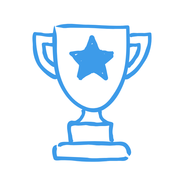 A blue outline drawing of a trophy with a star in the center