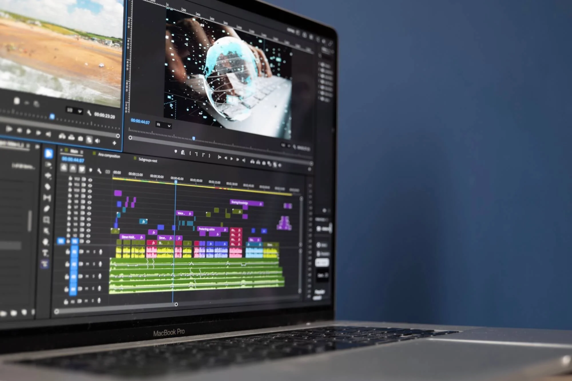 Close-up of a laptop screen showing video editing software
