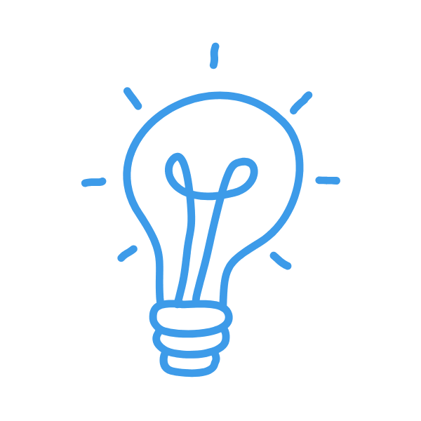 Blue line drawing of a lightbulb with radiating lines, symbolizing an idea or creativity.
