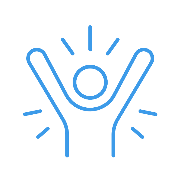 Blue outline of a person raising their hands with rays indicating celebration