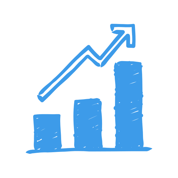 Blue bar graph with increasing height and an upward trending arrow representing growth