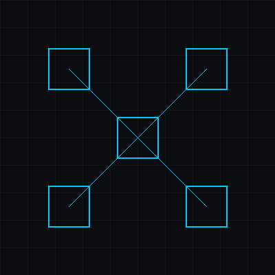 A digital drawing of a geometric pattern with five blue squares connected by lines on a black background.
