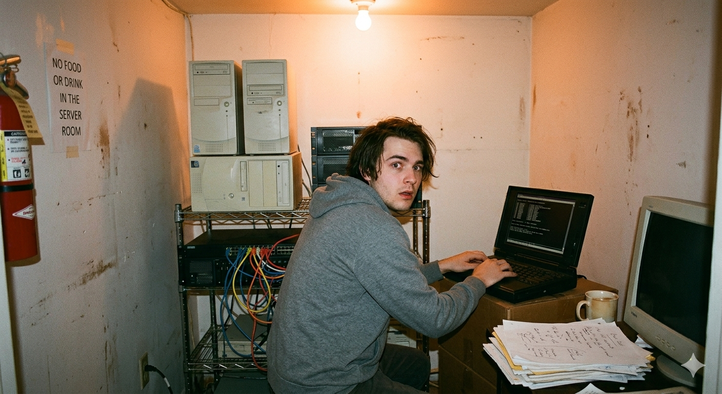 A young man with shoulder-length brown hair wearing a gray hoodie, sitting at a cluttered desk with old computer equipment and papers, in a small room with unfinished walls.
