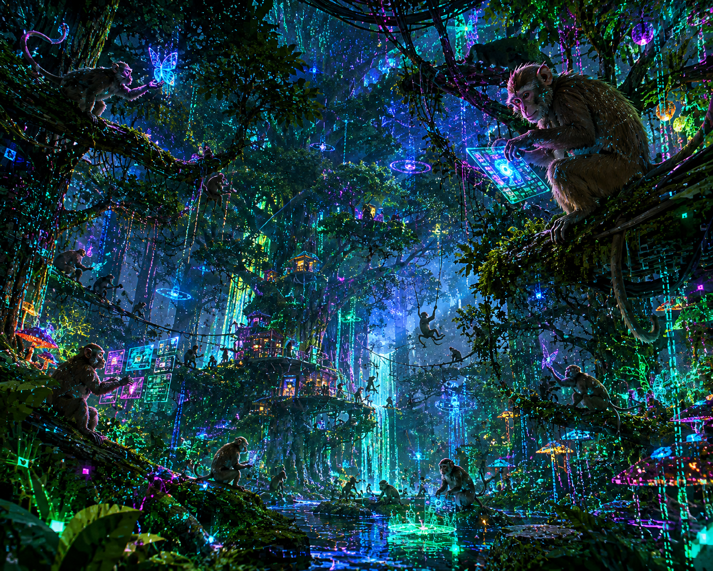 Futuristic digital jungle with monkeys and glowing neon lights in various colors.