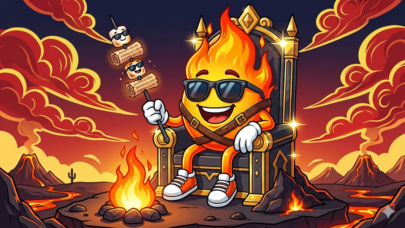 Animated fiery character with sunglasses sitting on a throne in a volcanic landscape, holding a scepter with smaller similar characters and binary numbers, surrounded by erupting volcanoes and lava.