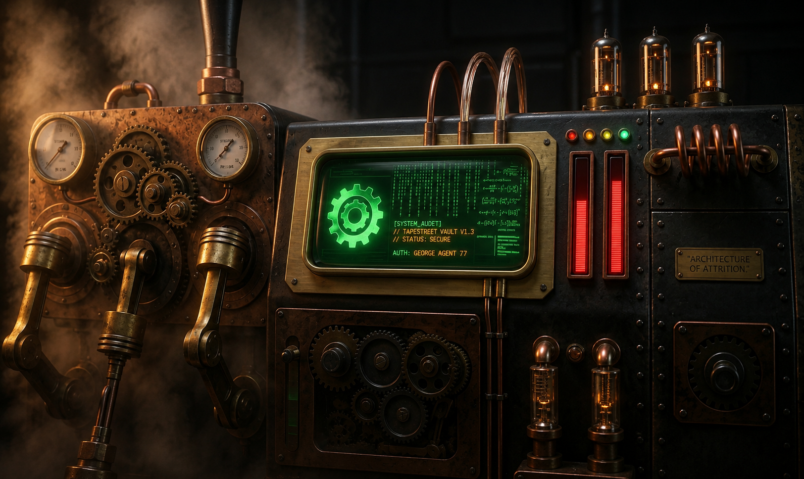 A steampunk-style machinery control panel with gears, gauges, pipes, and a digital screen displaying a green gear icon and system information.