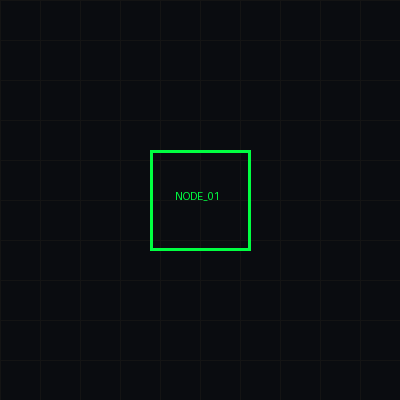 A digital diagram showing a green square labeled 'NODE_01' on a black background with grid lines.