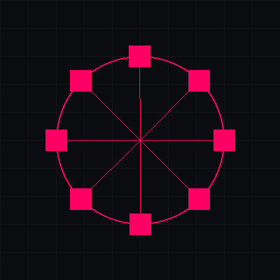 A pink diagram with squares connected around a circle on a black grid background.