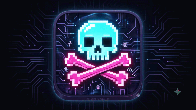 Pixel art style icon of a blue skull and pink crossed bones, surrounded by digital circuit lines and small bugs, with a dark background