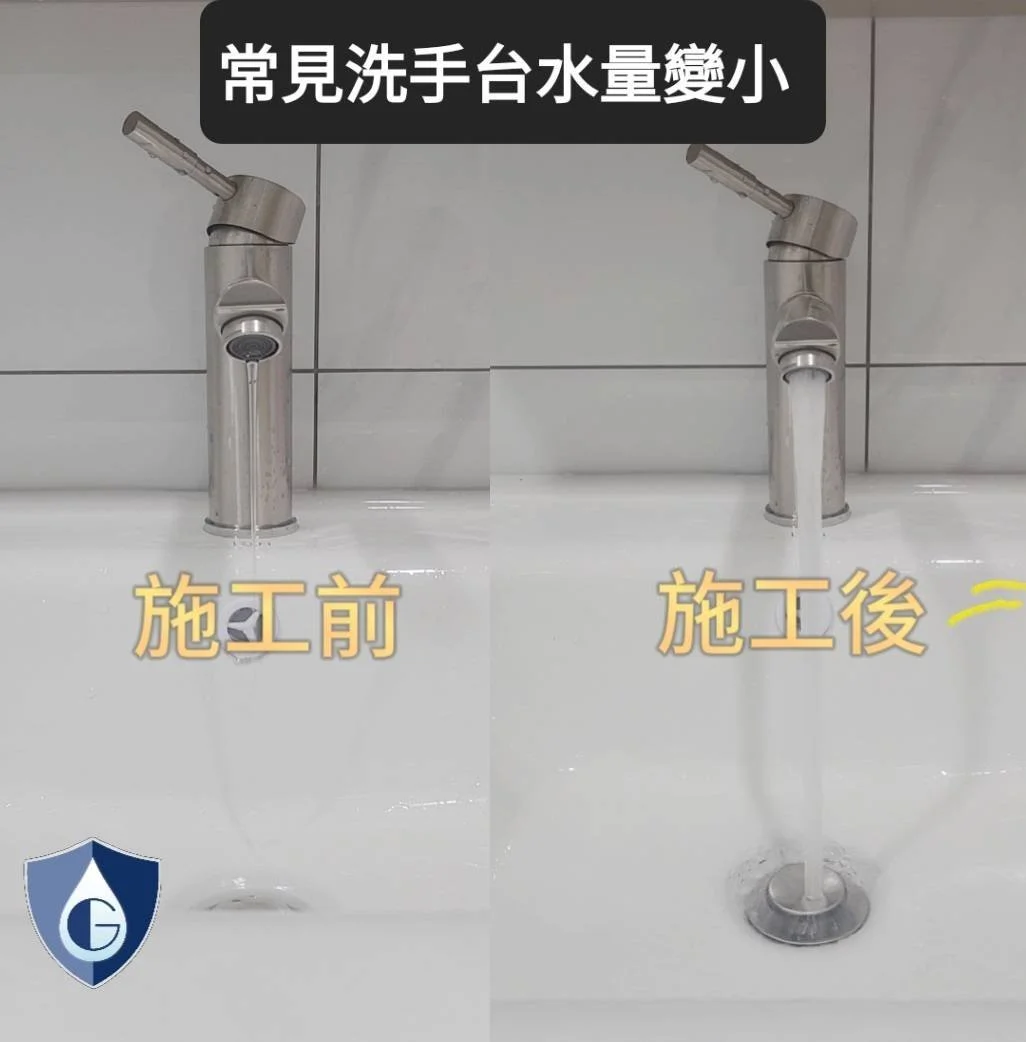 Comparison of a faucet before and after water flow reduction. The left side shows water flowing normally, and the right side shows water flow reduced after repair or adjustment. Text overlays in Chinese mention water flow decreased.