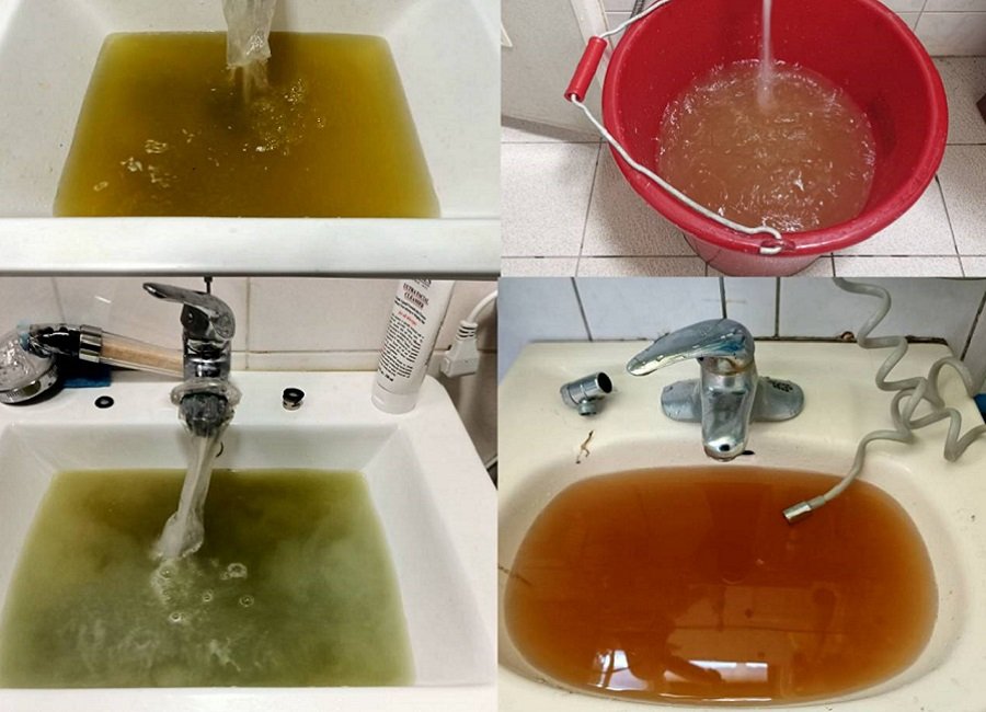 Compilation of four images showing dirty water in sinks and a bucket. Top left: murky green water draining from a pipe. Top right: brownish water in a red bucket. Bottom left: greenish water flowing from a sink faucet. Bottom right: brownish water in a bathroom sink.