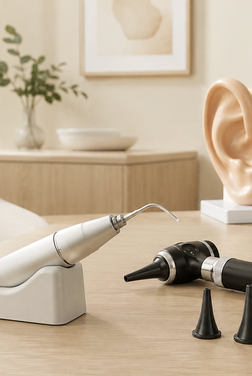 Microsuction handpiece, otoscope and ear specula on a clinic table