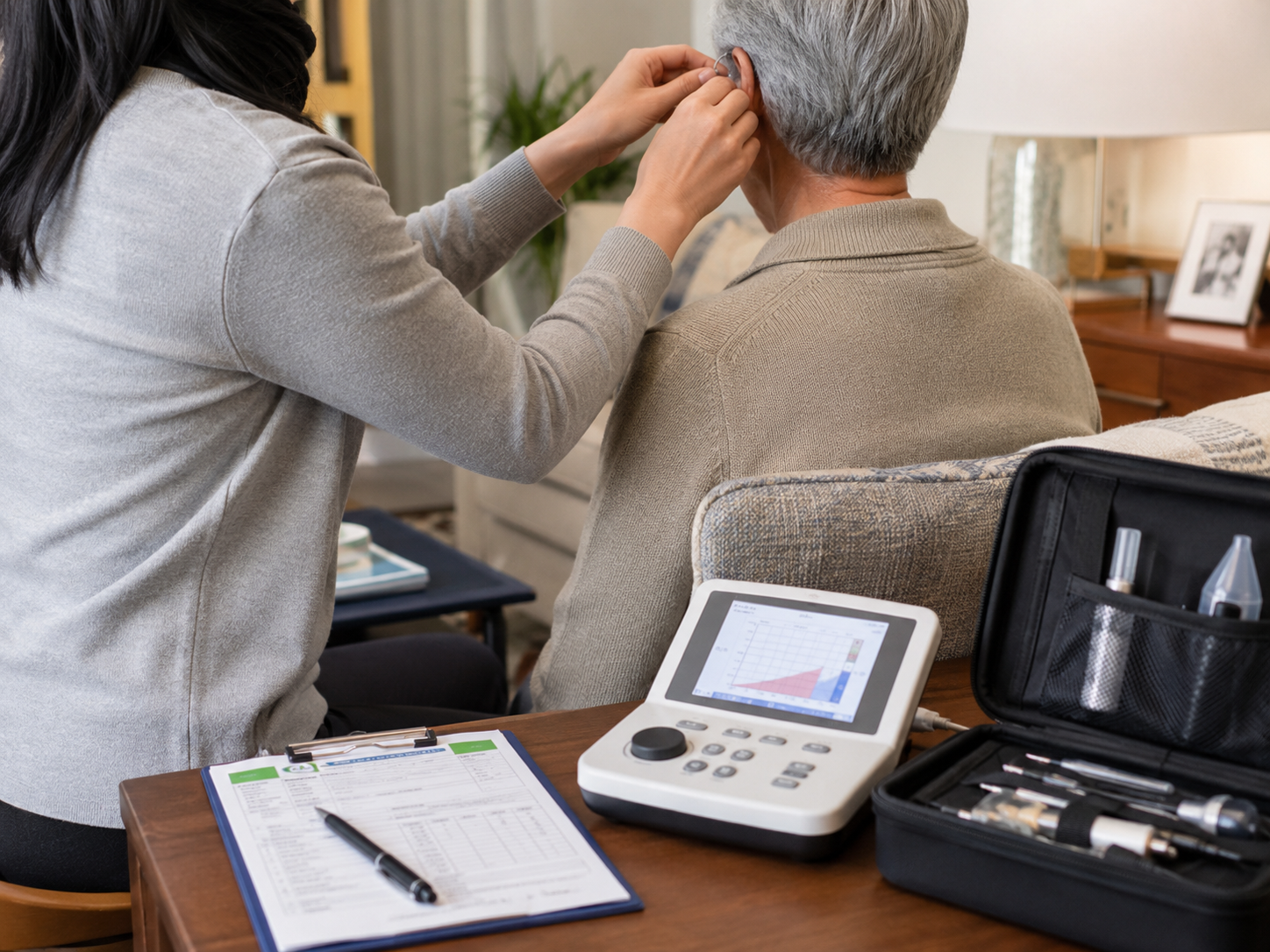 Clinician assisting an adult patient during a hearing appointment.