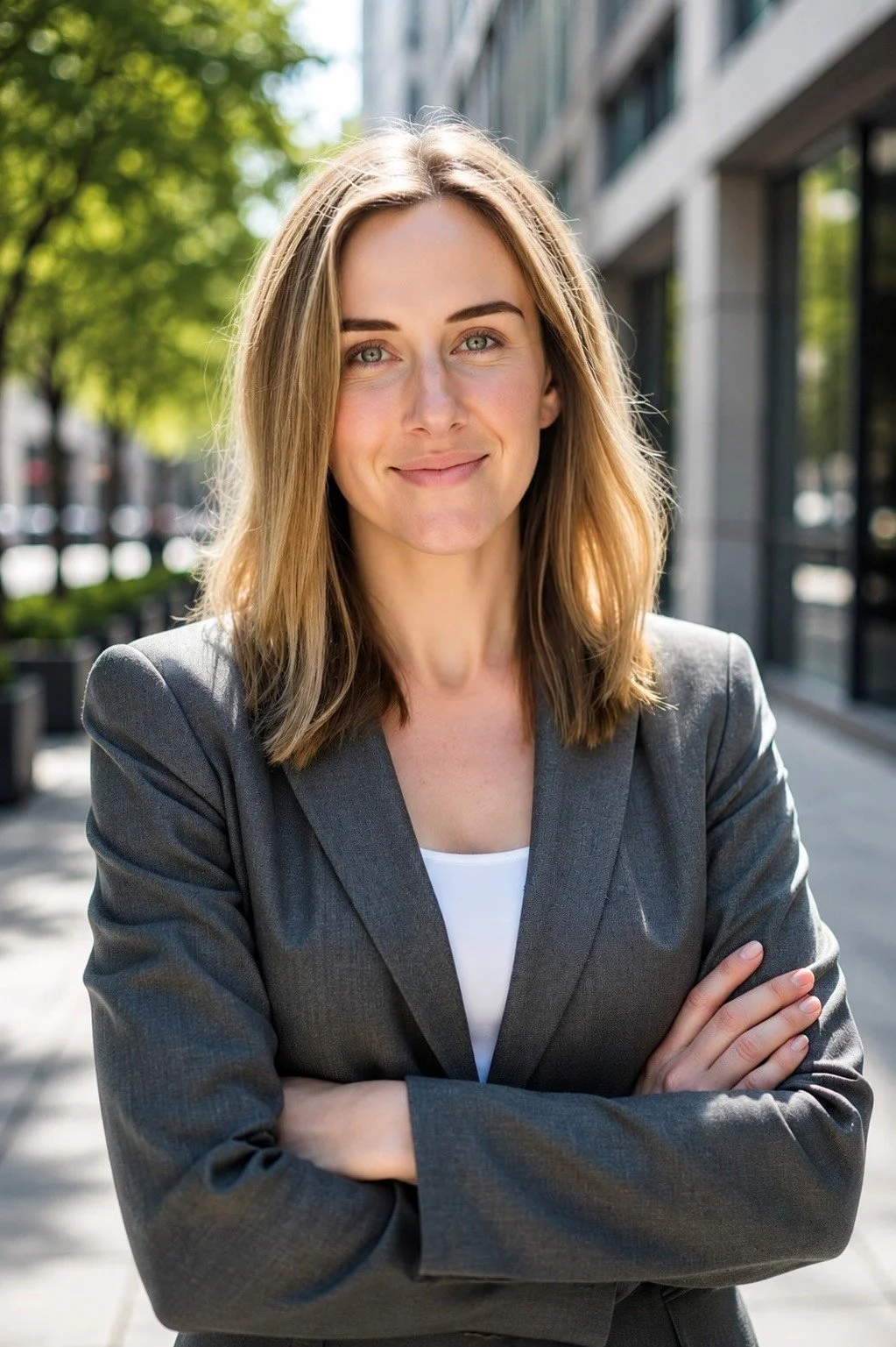 A woman with shoulder-length blonde hair and blue eyes, wearing a grey blazer, standing outdoors with her arms crossed and smiling.