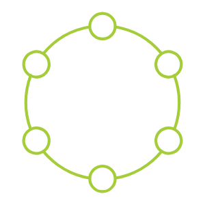A green circular diagram with six empty circles connected in a ring as Up Wealth management financial planner South Coast NSW icon
