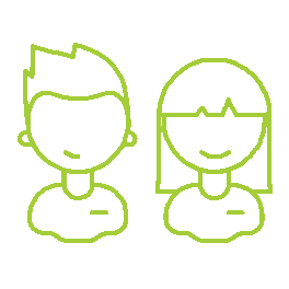 Line drawing of a smiling man and woman with short hair and glasses, both facing forward