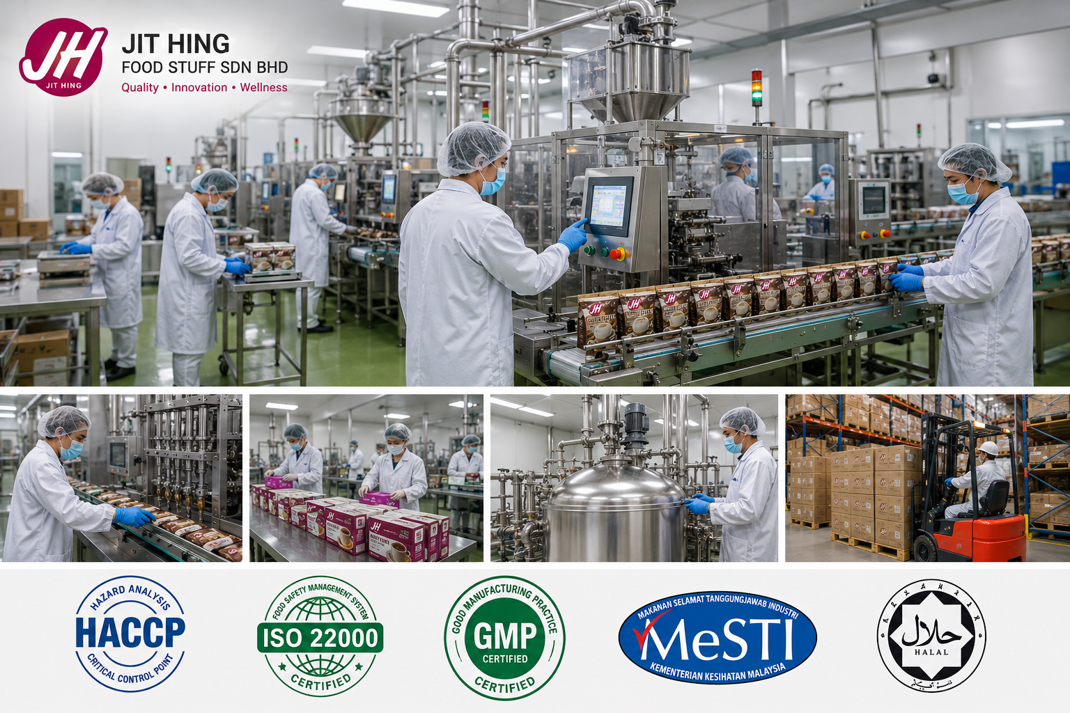 Factory workers in white uniforms, masks, hairnets, and gloves operate machinery and package food products in a clean, well-lit production line, with certificates and safety standards logos at the bottom.