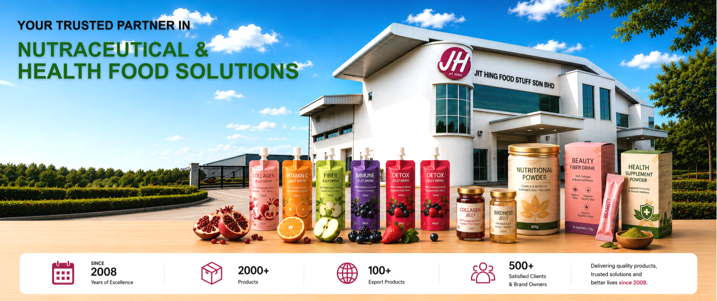 An advertisement for a company showing their building and various nutritional supplements like jelly drinks, powders, and bottles, with a blue sky and green trees in the background.