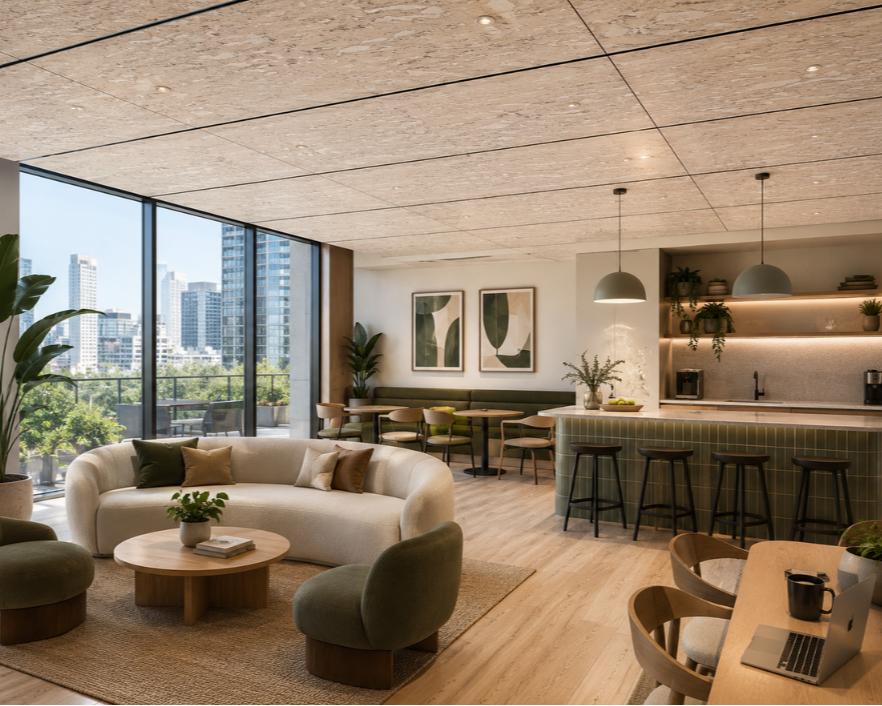 Modern living room with large floor-to-ceiling windows, city skyline view, beige sofa, green armchairs, wooden coffee table, and minimalist decor with artwork and plants.