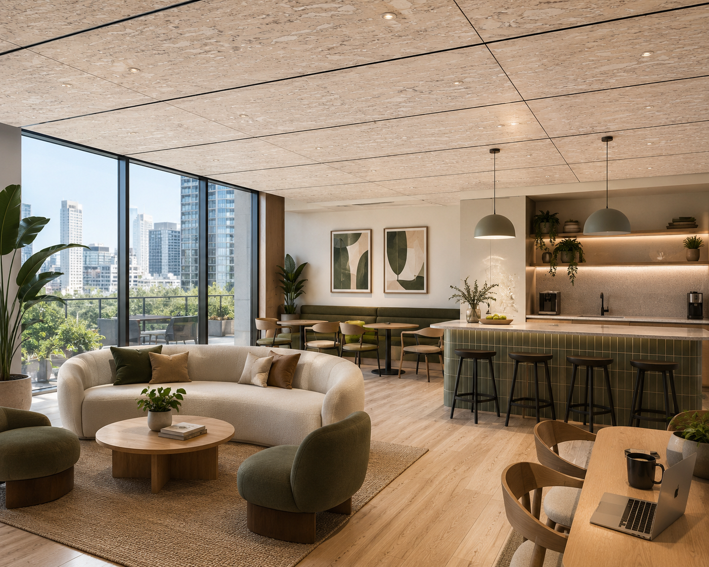 Modern living room and kitchen area with large windows, city skyline view, green plants, sofa with cushions, wooden furniture, bar seating, abstract art on the wall, and a dining table with a laptop and mug.