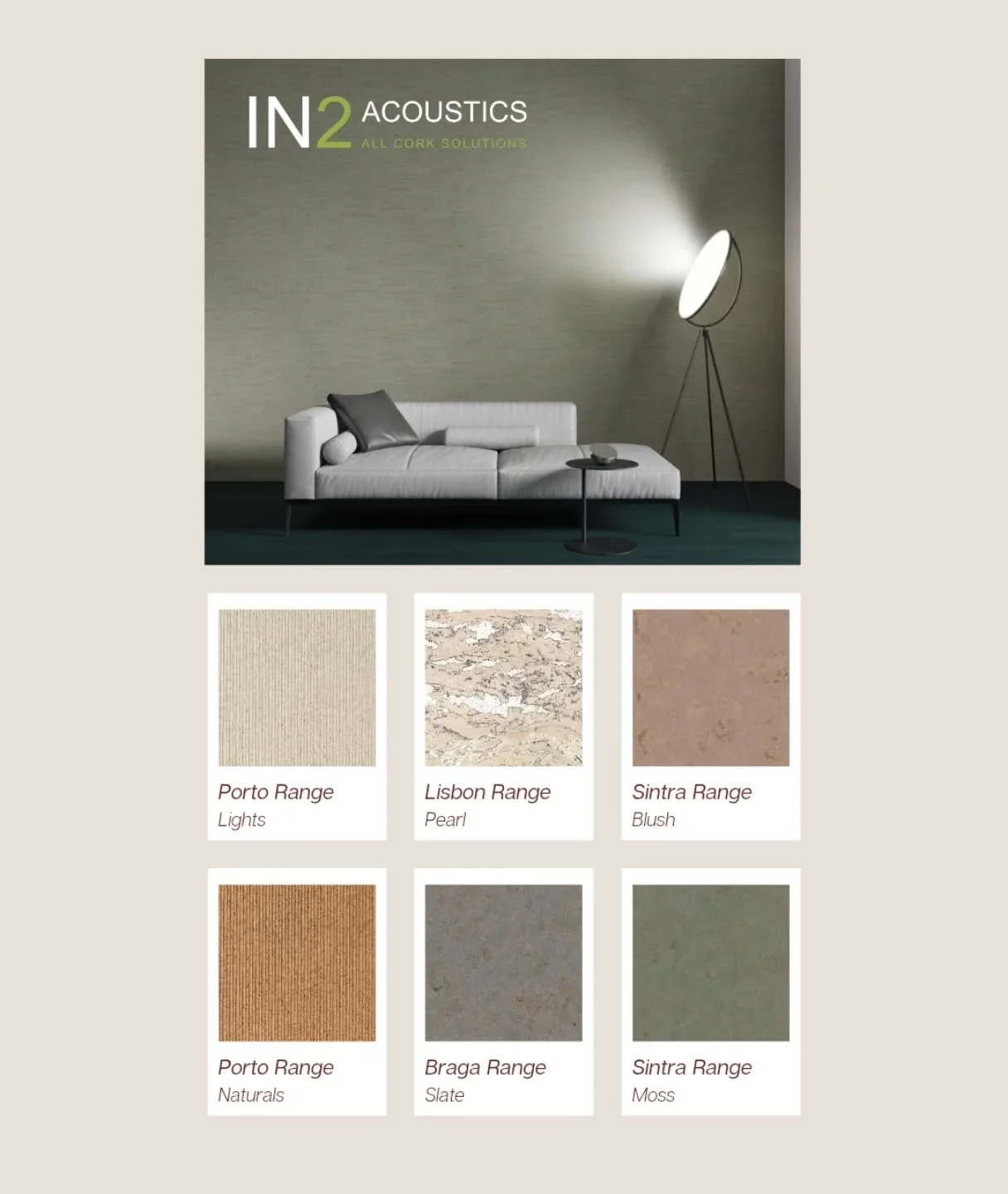 A new direction in Acoustic Design

Just a few of our Natural Cork finishes inspired by the texture and tones of Portugal - designed to bring warmth, calm and performance into commercial interiors. 

Launching soon through IN2 Acoustics.

#in2acousti