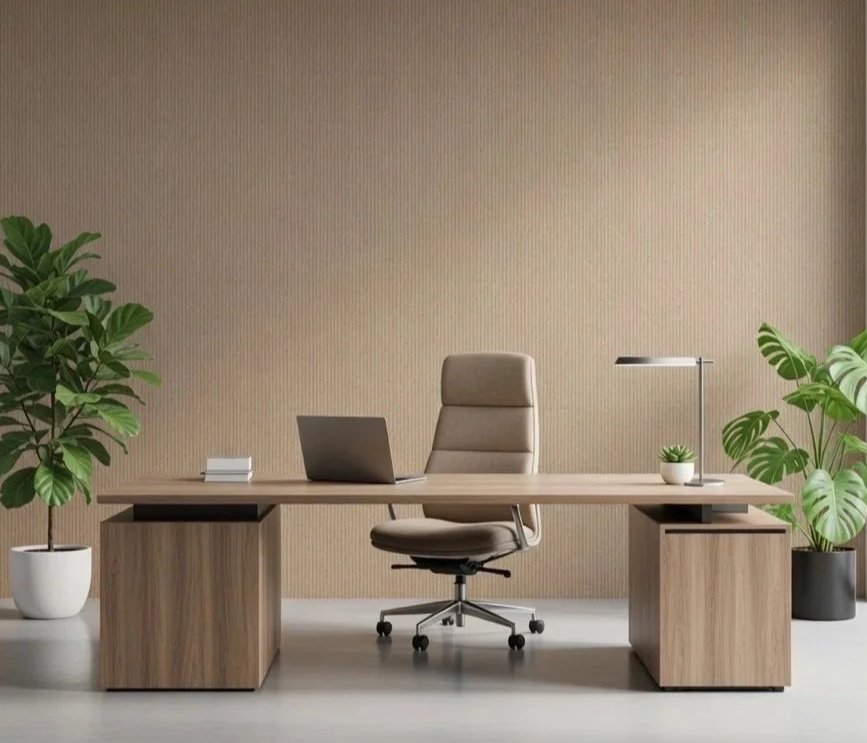 A modern office with a wooden desk, a beige ergonomic chair, a laptop, a slim desk lamp, a small potted plant, and two large potted plants on either side of the desk.