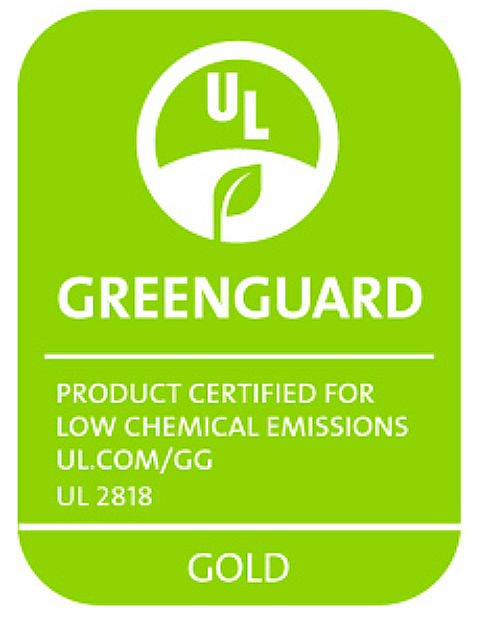 GreenGUARD product certification label indicating low chemical emissions, UL certification, and Gold level.