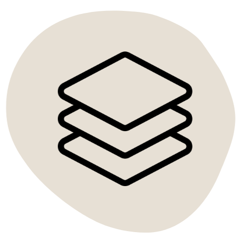 Simple icon of four stacked layers or sheets, outlined in black on a beige background.