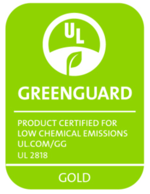 Green UL certification label for Greenguard Gold, indicating low chemical emissions.