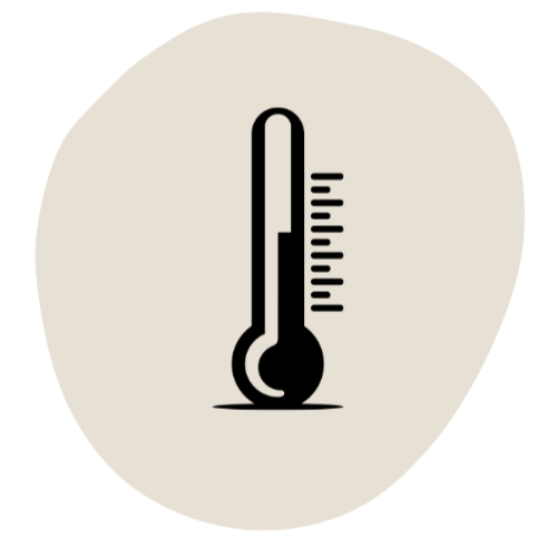 Thermometer icon with a high temperature reading on a beige circular background.