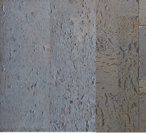 Close-up of Cascais Calçada and Haze cork acoustic wall panels showing the natural texture and bevelled edges of Portuguese cork.