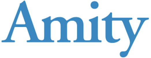 The logo of Amity, featuring the word 'Amity' in blue font.