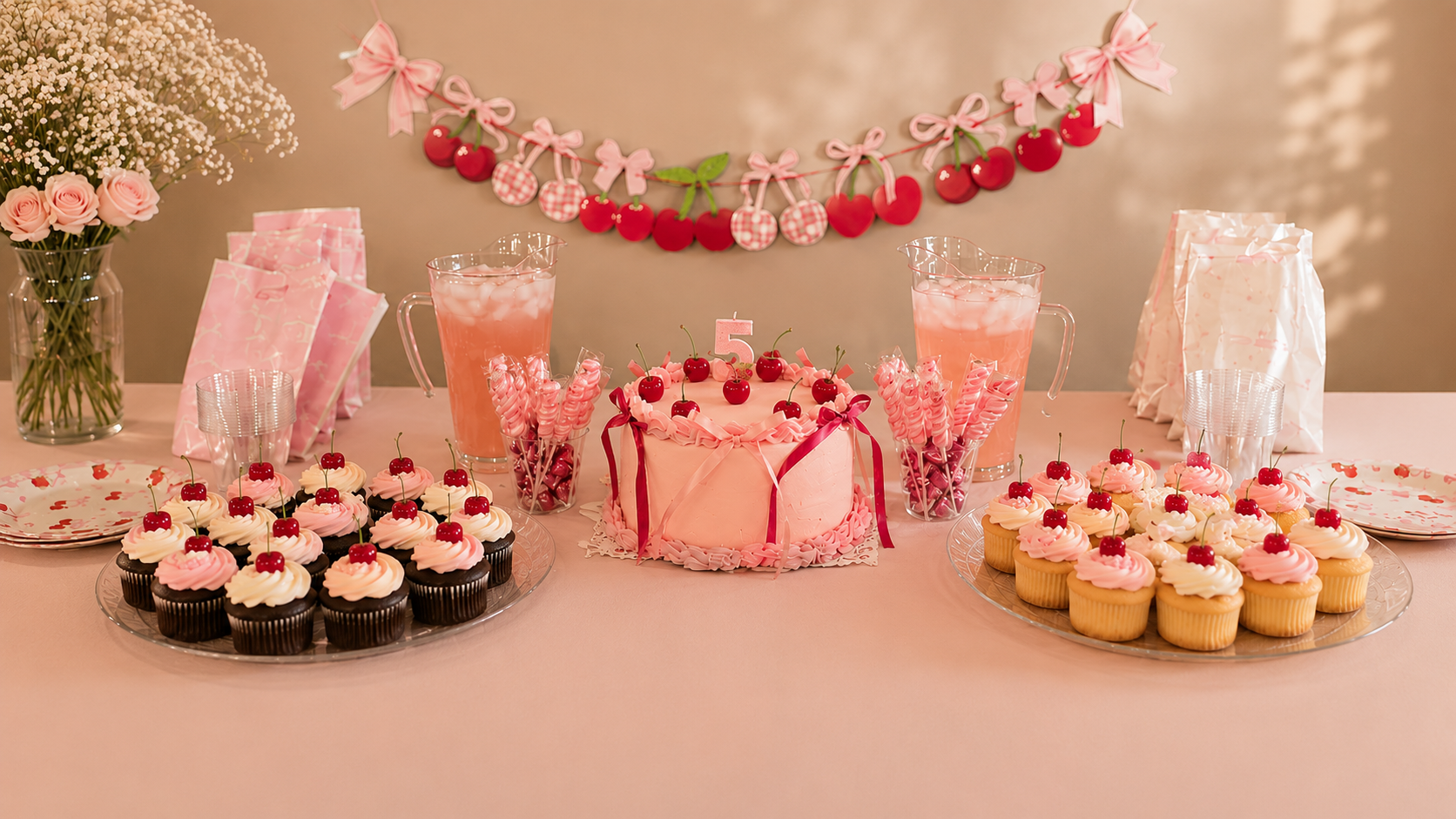 Decorated birthday table with pink theme, featuring pink frosting cupcakes with cherries, a pink birthday cake with cherries and a number 5 candle, pink and white cupcakes, pink drinks, pink gift bags, and a pink flower arrangement, with a cherry and bow garland hanging on the wall.