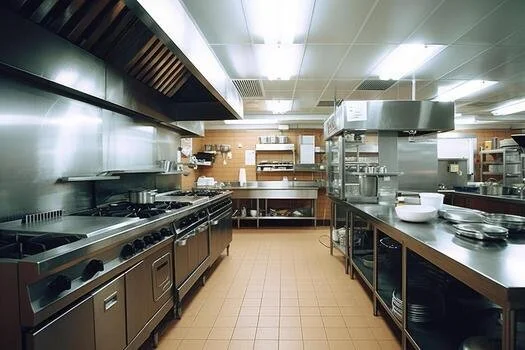 Commercial kitchen with stainless steel appliances, stovetops, ovens, and a prep counter.
