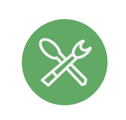 Icon of a screwdriver and wrench crossed over a green circular background.
