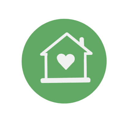 Green circle icon with a white house outline and a heart inside.