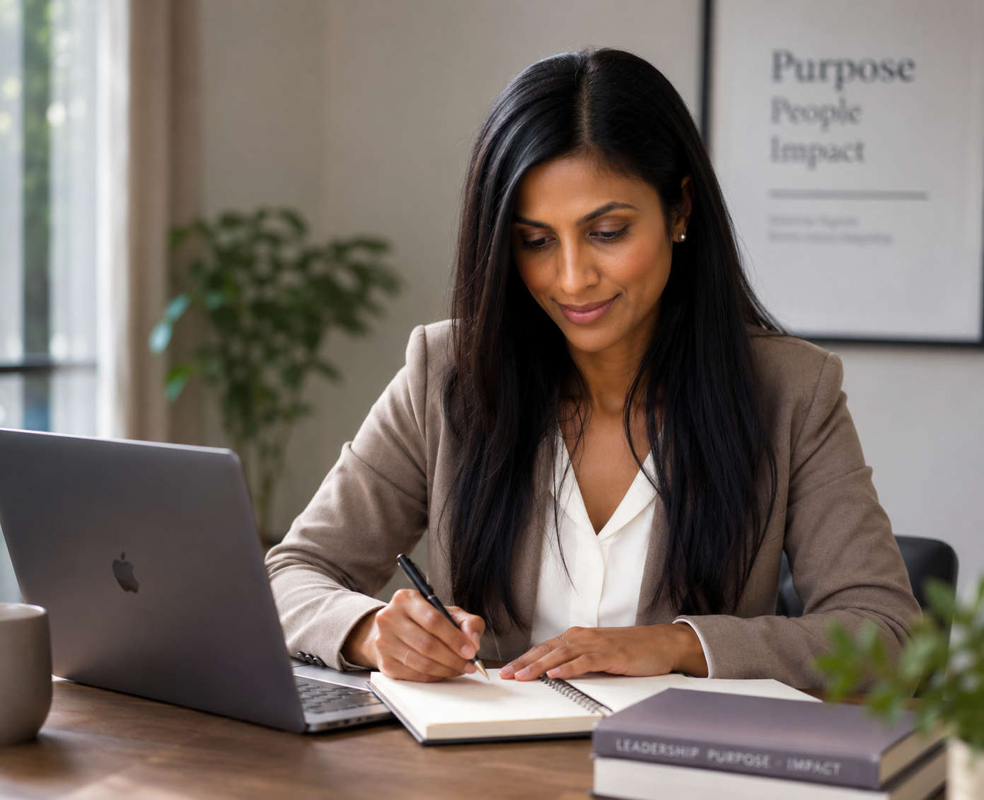 A professional woman in business attire is sitting at a desk, writing in a notebook with a pen, with a laptop, a Starbucks mug, and a framed poster with the words "Purpose People Impact" behind her.