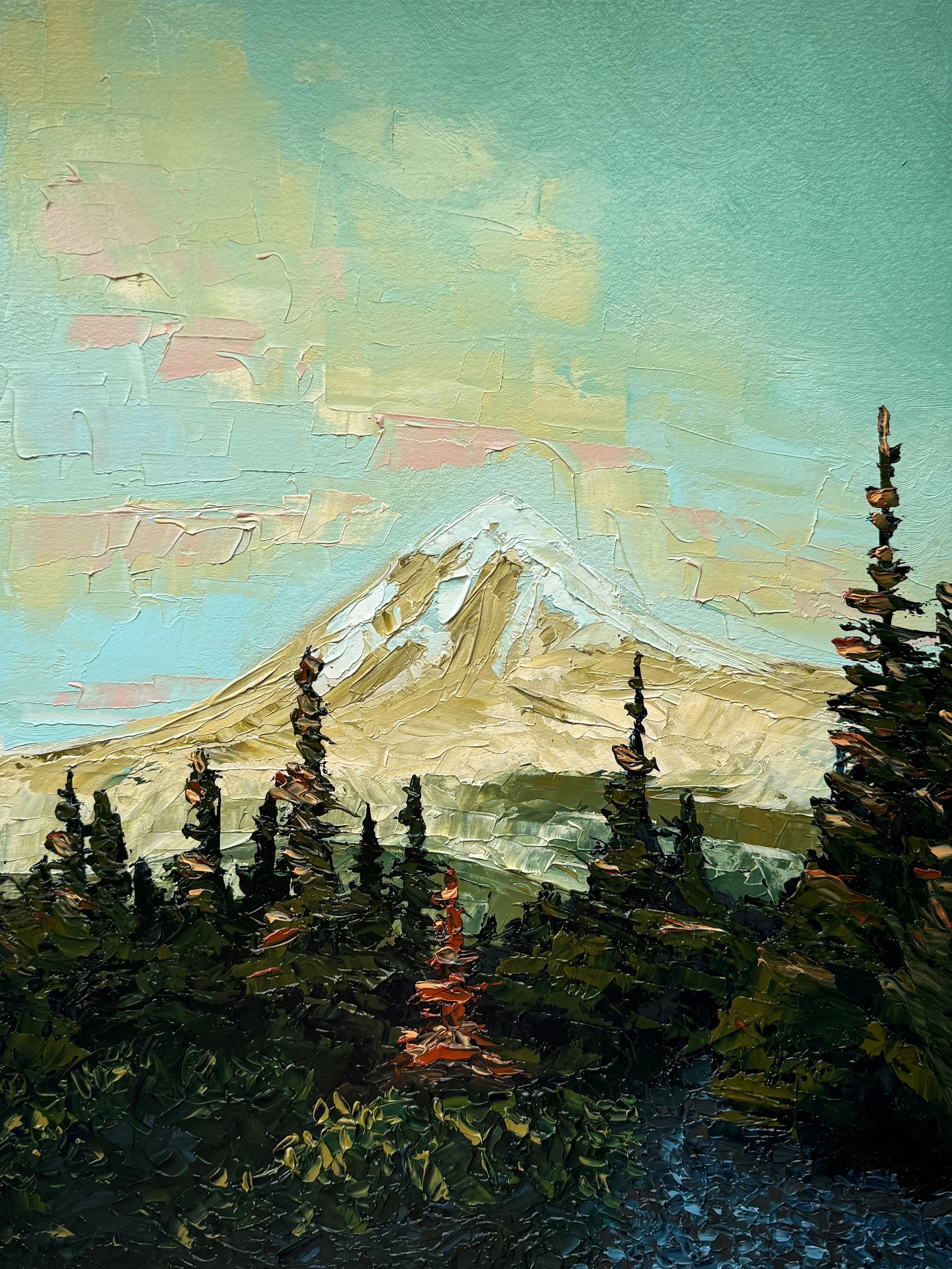 Textured oil painting of a Colorado mountain and pine trees by Ryan Beverley