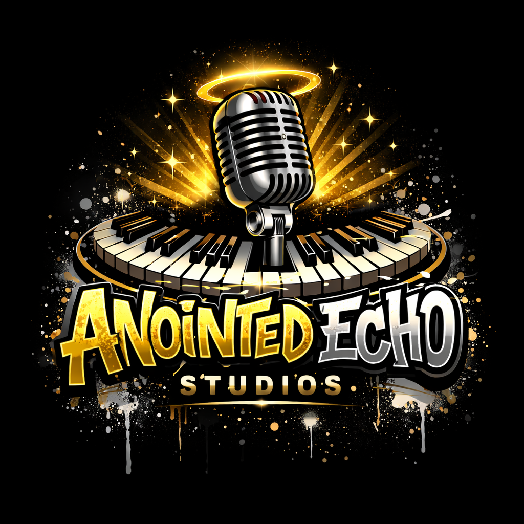 Logo for Anointed Echo Studios featuring a vintage microphone, a piano keyboard, and a golden halo with sparkles in a graffiti style.