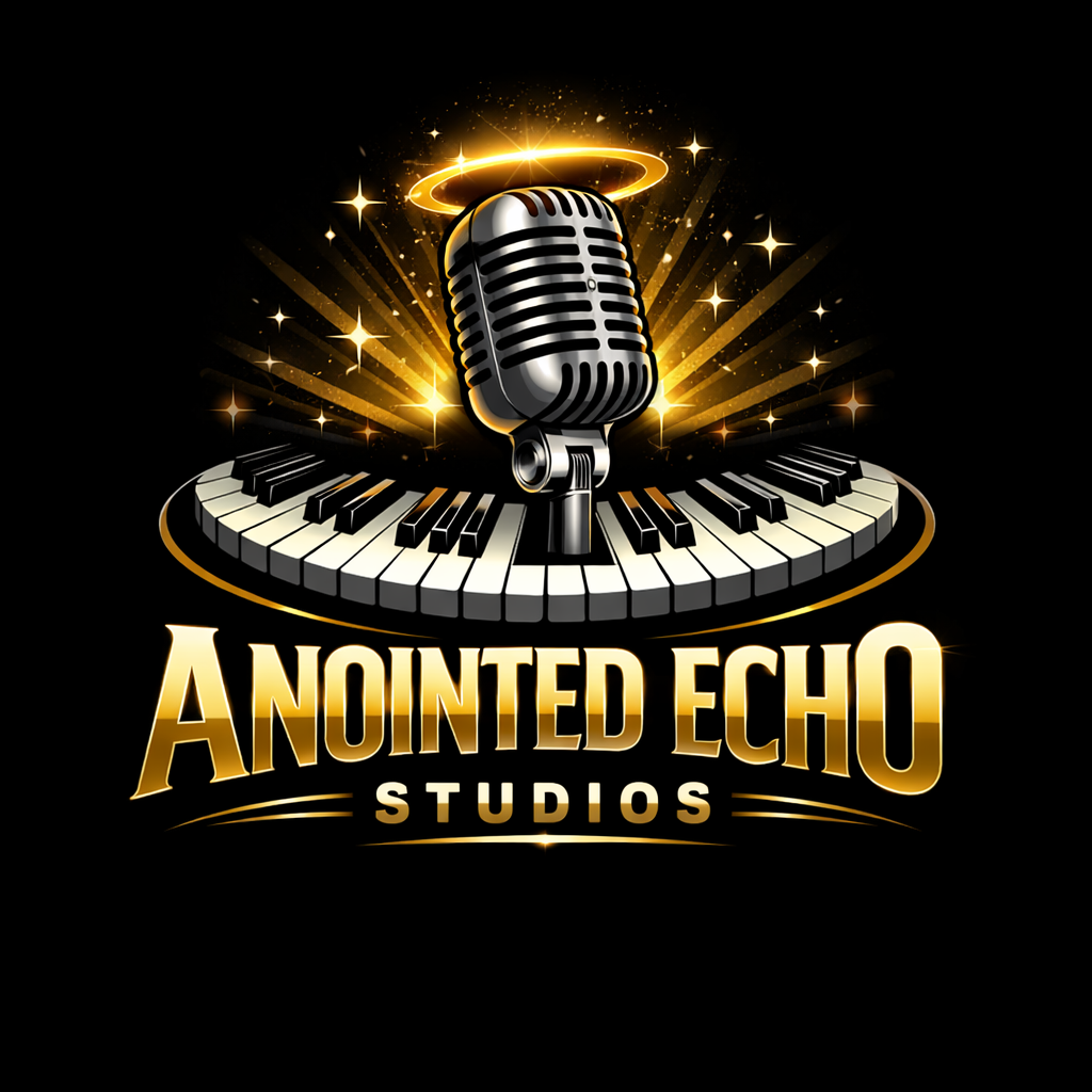 Logo for Anointed Echo Studios featuring a vintage microphone, a piano keyboard, and a glowing halo with stars, in gold and black colors.