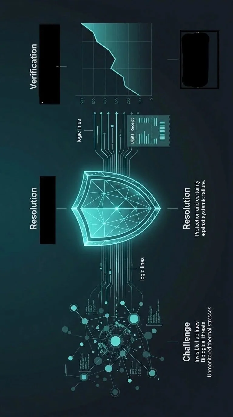 A minimalist industrial infographic featuring a data-enabled shield and integrated forecasting graphs, representing the conversion of unseen systemic risks into secure, auditable financial and operational viability data.