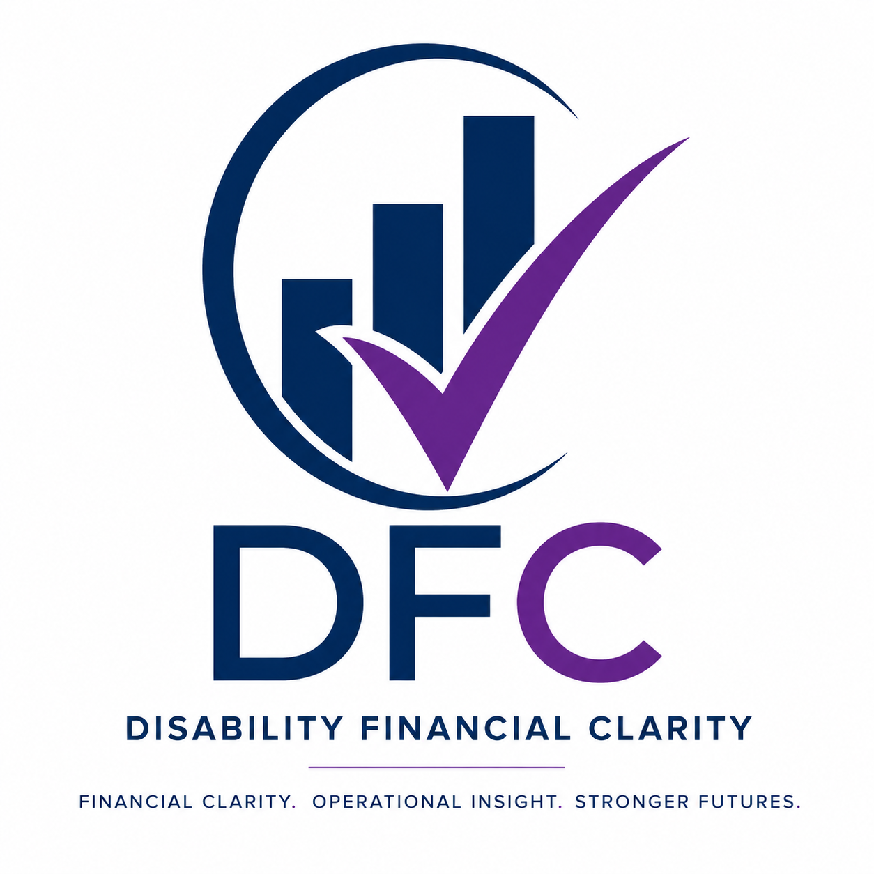 Logo for Disability Financial Clarity featuring a circular emblem with a bar graph and a purple checkmark, with the text "DFC" and the tagline "Disability Financial Clarity".
