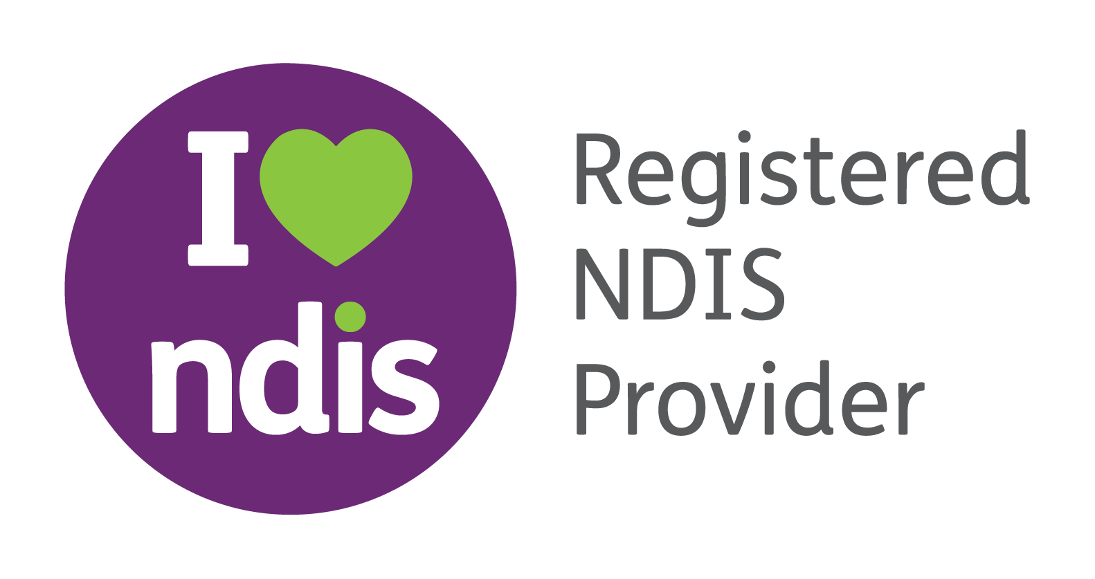 Logo with purple circle, white text 'I', green heart, and purple 'ndis', alongside the text 'Registered NDIS Provider'.