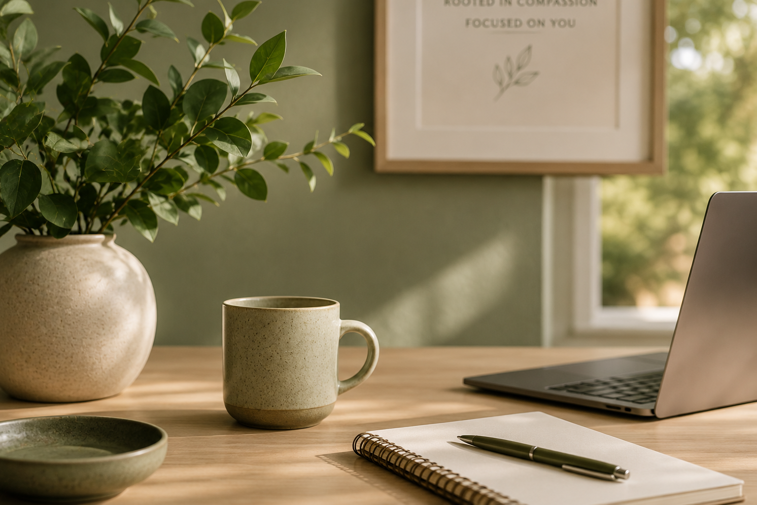 A workspace with a green plant in a beige vase, a mug, a ceramic dish, a notepad with a pen, a laptop, and a window providing natural light.