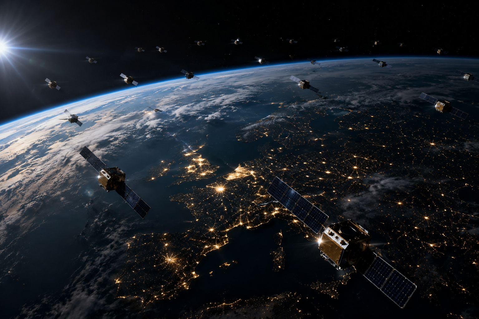 Nighttime view of Earth from space with several satellites orbiting above, and city lights visible on the Earth's surface.