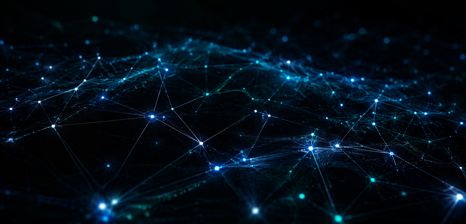 A digital visualization of a neural network with interconnected glowing blue nodes and lines against a dark background.